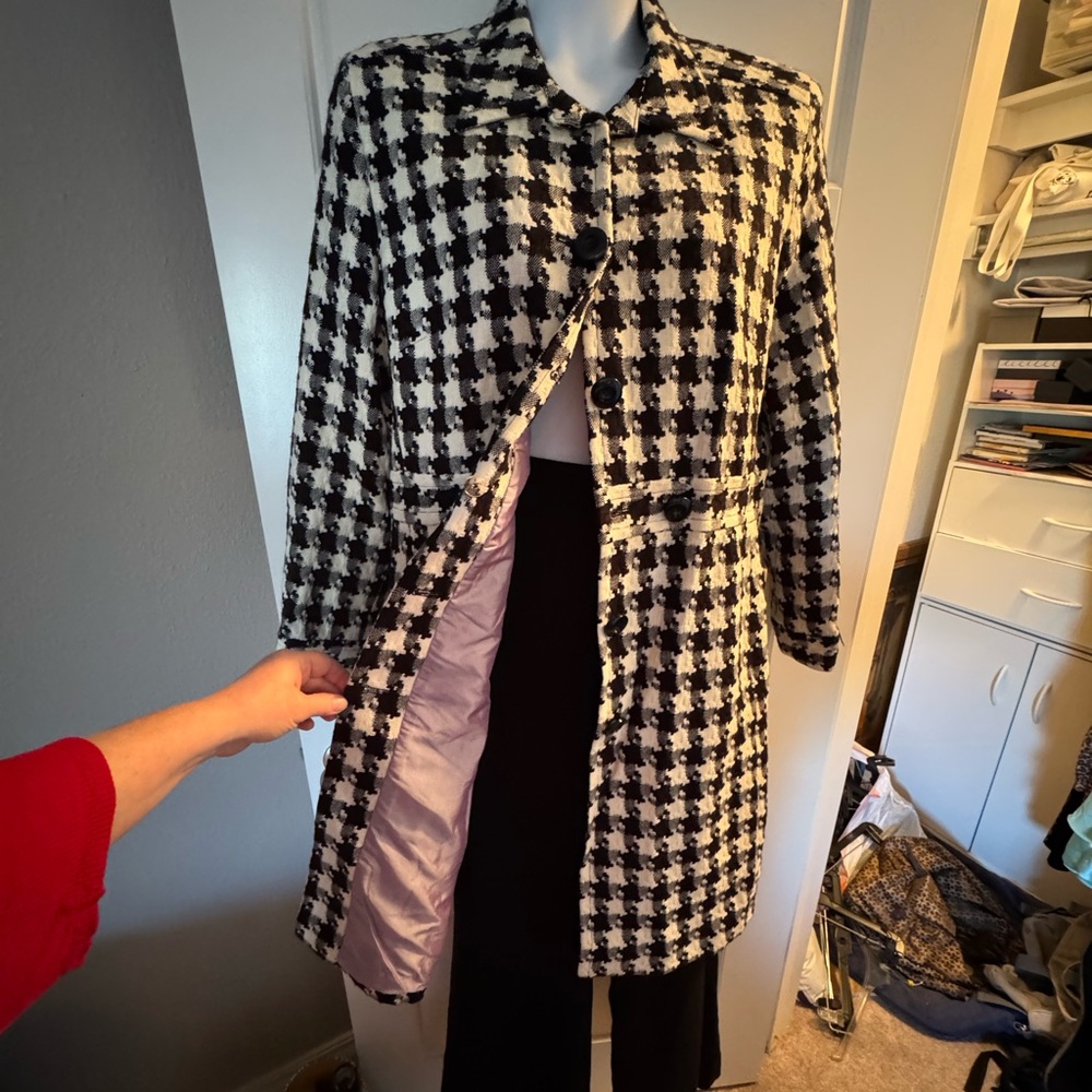 Larry Levine Black and White Checkered Trench Coat and Trousers
